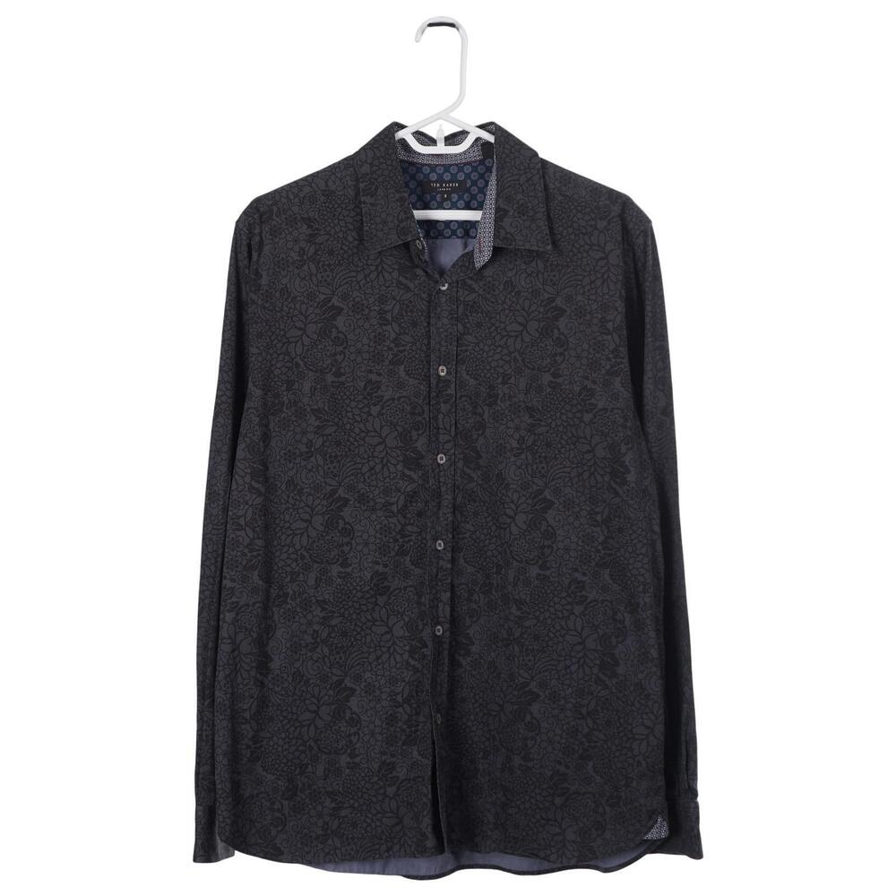 Ted Baker Shirt Men 5/XL Gray Floral Print Cotton Long Sleeve Button Down Casual